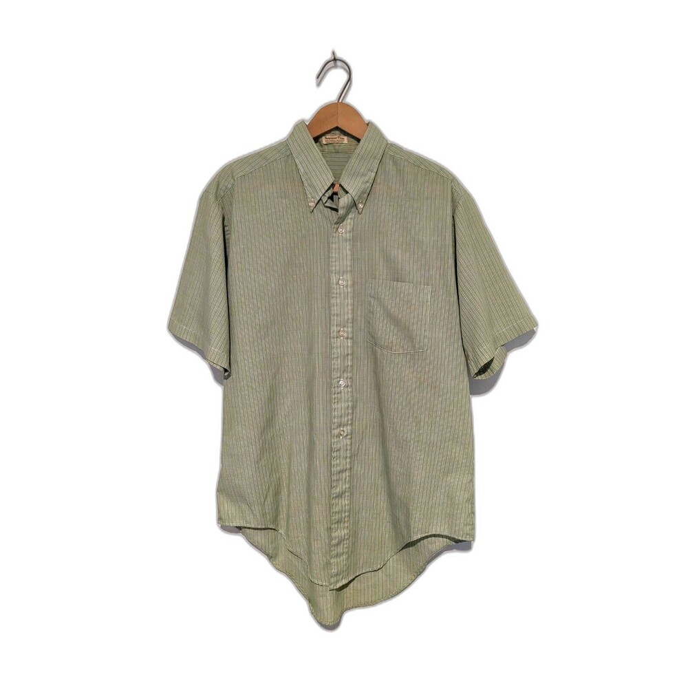 Men's VTG 50s Green White Striped Dress Shirt Cotton Dacron Blend  47 In M/L
